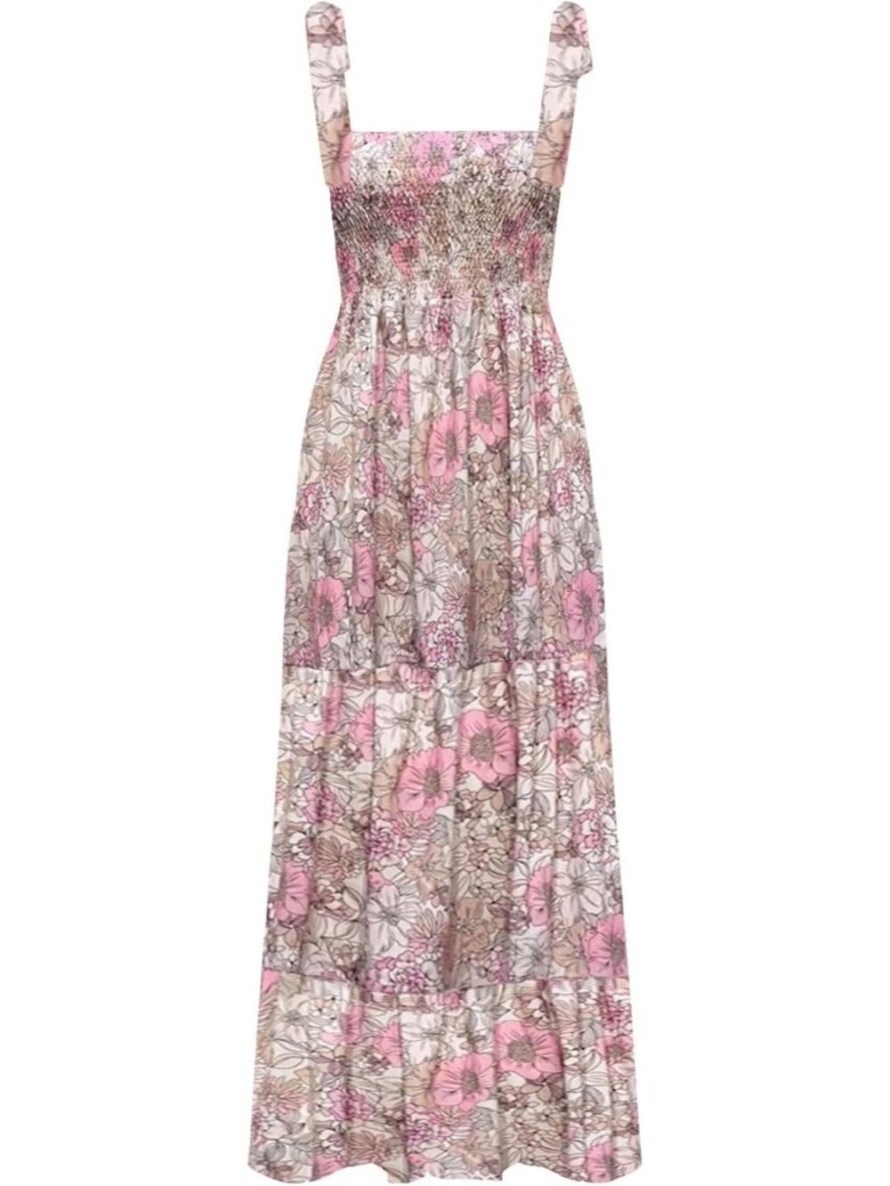 Women's Pink Floral Sleeveless Square Neck Ruffle Flowy Imported Maxi Dress